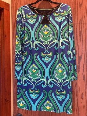 Laundry By Shelli Segal Navy & Teal Printed Long-Sleeve Shift Dress